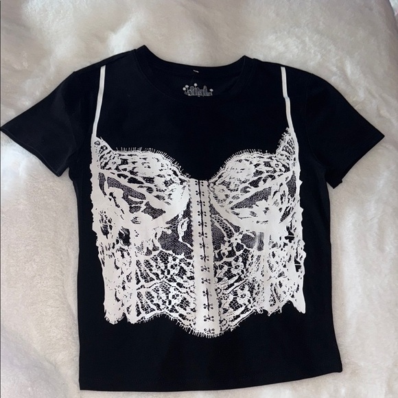 Women's Black and White Lace Graphic Top - Picture 1 of 7